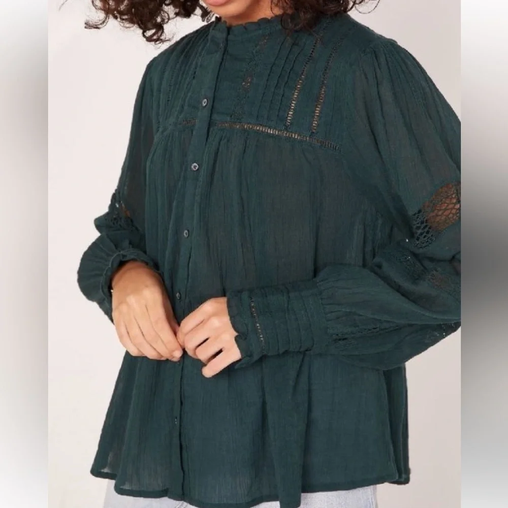 Free People Forest Green Ruffled Blouse